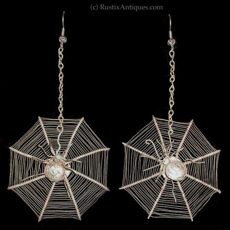 Chinese Victorian Silver Wire Spider Web Earrings