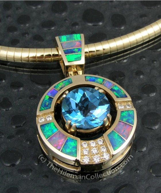 Australian Opal Pendant with Blue Topaz and Diamonds by jewelry Designer, Mark McBride Hileman