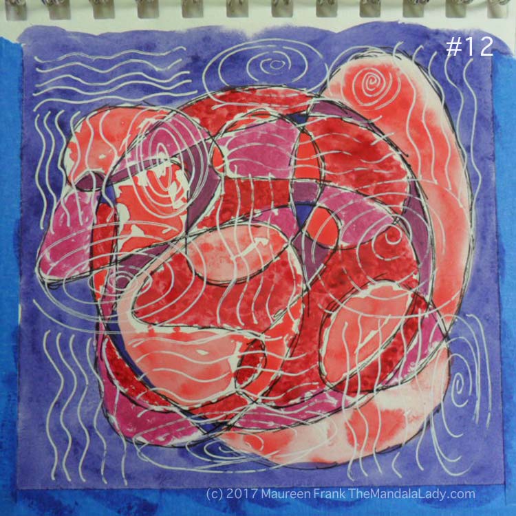 mandala of the day - fat - doodle mandala red magenta purple blue violet watercolor paper white gel pen