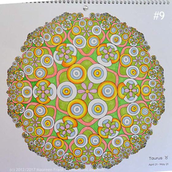Taurus - Astrology - hyperbolic - tessellation - green - pink - blue - yellow - orange - taurus symbol