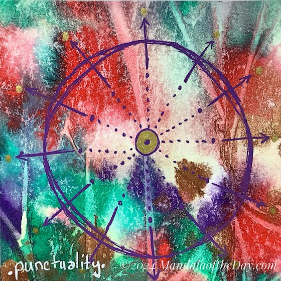 purple outline of clock positions, with an arrow leading out of each one. background colors are red, green, purple, copper, and creamy yellow