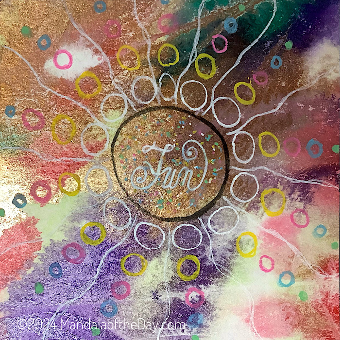 abstract background of copper, red, purple, white, green, white, and pink. on top a mandala of concentric rows of smaller and smaller circles …a row of white, yellow, pink, blue and green…and white lines streaming outward from the center circle