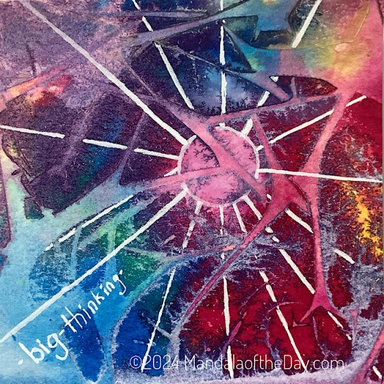 abstract background of blues, pinks, reds, and yellows all with a wrinkle or cob web effect. On top in white is a circle around a pink blob in the center. from the circle a white lines that jut out to the edge of the paper. some lines look like they are behind the ‘cob webs’ while others lay on top.