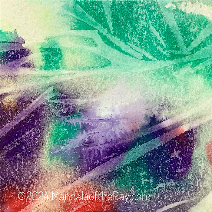 abstract background of greens, purples, reds, light yellow, and white.