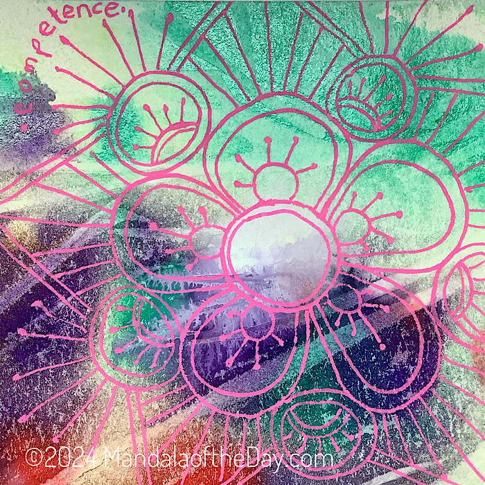 abstract background of greens, purples, reds, light yellow, and white. on top in pink ink is a double-ring circle over the center. five fat double-ring petals around the circle. at the bottom of each petal is a small circle with five short lines and dots at the end. In between the petals are 5 double-ring circles. at the bottom inside of these circles is a double arch with five lines along the arch and dots at the ends. a triangle arch connects these circles with seven lines going from the petals up to the angled arch. in between the arches and on top of the circles are seven lines with dots creating an arch. the word “competence” is written over the top of the left line arch.