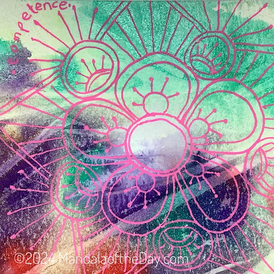 abstract background of greens, purples, reds, light yellow, and white. on top in pink ink is a double-ring circle over the center. five fat double-ring petals around the circle. at the bottom of each petal is a small circle with five short lines and dots at the end. In between the petals are 5 double-ring circles. at the bottom inside of these circles is a double arch with five lines along the arch and dots at the ends. a triangle arch connects these circles with seven lines going from the petals up to the angled arch. in between the arches and on top of the circles are seven lines with dots creating an arch. the word “competence” is written over the top of the left line arch.