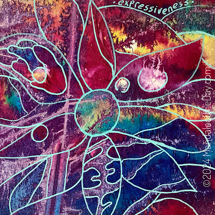 intense abstract background of rainbow colors with some grayish-pink electrified lines throughout. on top in turquoise ink is a loosely drawn flower-like mandala. with each petal outlining anything interesting that comes through from the background.