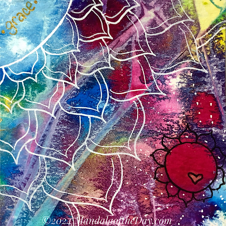 abstract background with blobs of reds, blues, greens, whites, pinks, and yellows…with a couple of wrinkle-like diagonal lines. on top in black ink towards the bottom right, a circle drawn around a red blob with 10 petals. in the center a gold blob is outlined into a heart. From the top left corner is a much larger mandala in white ink where we only see a small portion of the center. There are six rows of double-lined petals all seem to be aiming towards the “red” mandala. white dots radiating from the outer petals down to the red mandala.