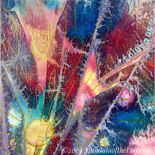 abstract edgy background with blobs of rainbow colors with the look of wrinkle-like textures. on top in metallic gold, a small circle over a blob of gold in the lower left corner, from there elliptical orbs radiate outward getting larger in size with each row. the word tolerance is written in teal color on the upper right side.