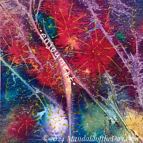 blobby abstract background of reds, greens, yellows, and white with some wrinkled textured lines. on top in gold ink are short lines coming out of the different circular blobs…like fireworks