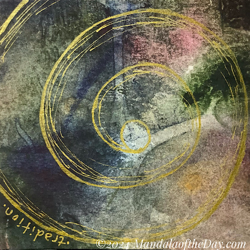 abstract background of warm earthy tones of green, a hint of blue and pale pink. on top in yellow gold metallic ink is a spiral, starting from the center of the paper around a light sage green area extending outward in a wide spiral going off the paper