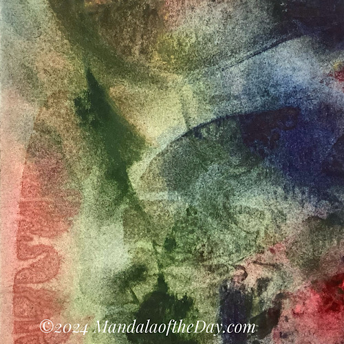 rich, bold abstract background with intense colors indigo, warm greens, pale reds, and creamy whitish yellow.