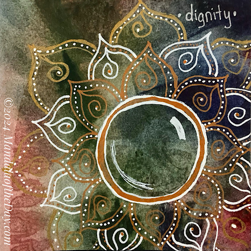 rich, bold abstract background with intense colors indigo, warm greens, pale reds, and creamy whitish yellow. on top in white, copper, and gold ink is a traditional looking lotus flower mandala with three rows of petals. inside row is copper with white dots, middle row is white with copper dots, and outer row is gold with white dots. each petal has a small spiral coming down from the top inside part of the petal. the large center circle is outlined in white and copper ink with the center have to spots of white to make the center look like a bubble or domed glass.