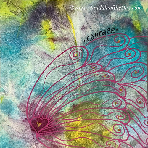abstract background with colors of lime green, teal, off white, yellow, and deep magenta. on top in magenta ink is drawn a small heart over a blob of magenta background in the lower left side. inside the heart shape is a small gold heart. coming off of the heart and all leaning to the right as if a wind is blowing the petals in that direction are rows of long oval daisy-like petals. in each petal is a wavy line ending with a spiral and a gold dot in its center. The mandala gives the impression that it’s leading with its heart.