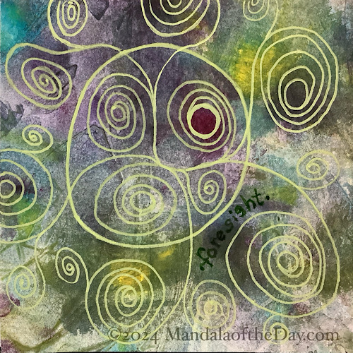 abstract background of dark green, teal, yellow, magenta, purple, and varying shades of white. on top in yellow ink is a big circle, a little off center. within the circle are four spirals. one of them centers over a magenta spot in the background. from within the circle, multiple lines extend outside the circle all around the circle to make more spirals.