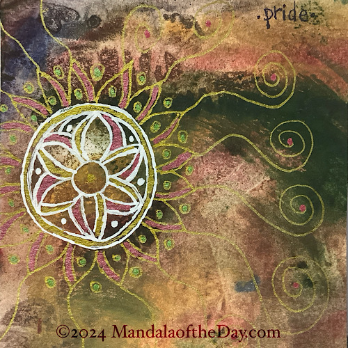 abstract background of warm earthy colors of brown, green, mustard yellow, and a pinch of warm pink. on top in white ink is a 6-petal mandala to the left and in the middle. around the petals is a band of white, gold, and white. around that are 17 petals drawn in gold metallic ink. all the petals have a pink metallic edge. the outside petals have gold spirals protruding out of their tips with pink metallic dots in their centers. in and in between each of the 17 petals is a green metallic dot within a small gold circle.