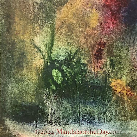 abstract background of warm, earthy colors of green, yellow, off-white, and a touch of red.