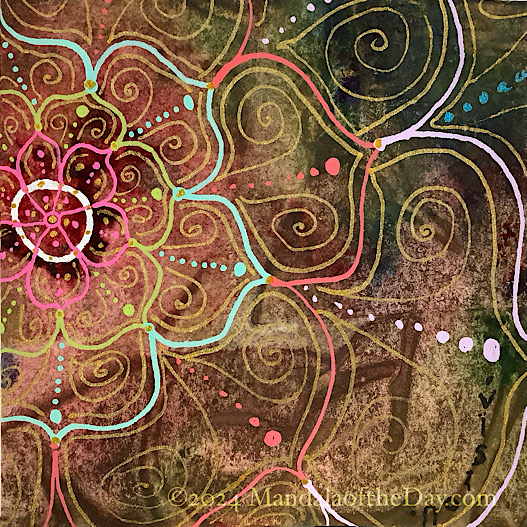 abstract textured background of warm colors: dark green, varying shades of cool reds, and pale beige. on top indifferent colors is a more traditional looking lotus mandala with 6 petals on each row. each row the petals become larger. the order of colors from inside to out: pink, lime green, pale teal, salmon pink, lilac. each petal is lined with gold metallic ink and two spirals. each petal has dots going down the middle in the same color as the petal. the overall effect makes each petal seem like a butterfly.