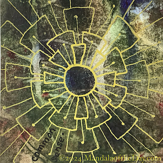 moody abstract background with warm shades of green and beige, with hints of red and blue. on top in pale yellow, is a simplistic mandala with rectangular petals each with a single stamen. with each row, the petals become larger.