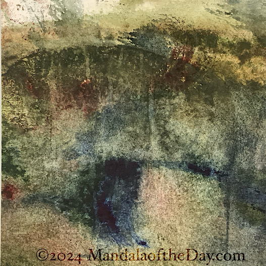 abstract background of deep, intense tones of indigo, olive green, sage green, spots of red overlay, and light beige-grays.