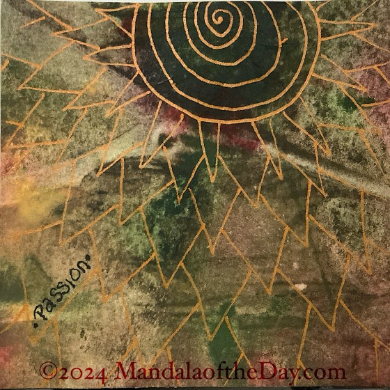 abstract textured background with warm colors of greens, beiges, browns, and a smattering of red. on top in copper ink is a spiral over a large blob of dark green at the top center. from is are pointed petals. with each row of petals, the petals become larger.