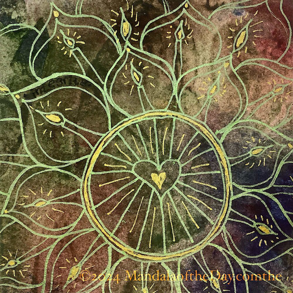 abstract textured background of warm, darker colors of green, beige, mauve, with a blob of indigo. on top in green metallic ink is drawn a large circle with a heart in its center and lines going from it to the edge of the circle. outside the circle are rows of lotus petals, 9 per row. within each petal is a lit candle. Gold metallic ink was used to draw a small heart within the center heart. all the candle flames are inked in gold along with little lines around the flames to imply their radiating light.