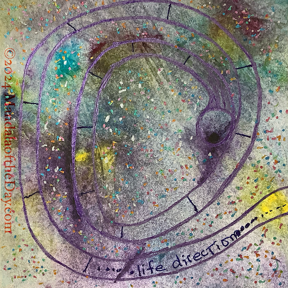 abstract background of purples, dark olive green, teal, yellow, and beige. on top in purple metallic ink is a small circle towards the right side and about half way down from the top. from this circe a spiral path is drawn which eventually goes off to the bottom right, over a spot of yellow in the background. outside the path and all around are lots of dots in metallic colors of green, blue, silver, gold, and red…like confetti.