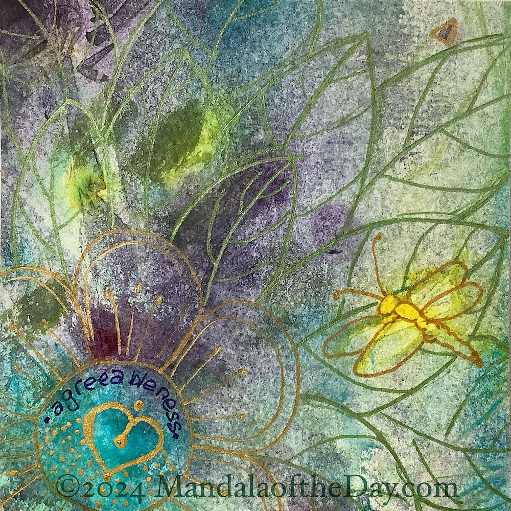 abstract textured background with colors of beige, cream, purple, teal, green, and yellow. on top in gold metallic ink is a simple flower mandala in the lower left corner with a gold heart in its center. all around it are outlines of leaves in green metallic ink. above one of the leaves, outlined in gold ink, is a dragonfly drawn over a yellow and green area that looked like it was a dragonfly…so I made it so.