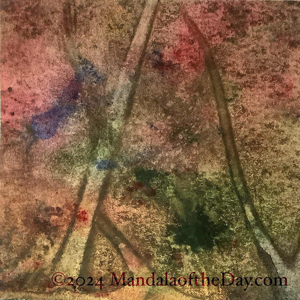 abstract background of moody tones of greens, beige, a dash of indigo, and tings of red/pink.