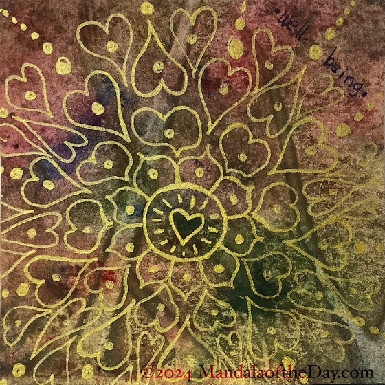 abstract background of moody tones of greens, beige, a dash of indigo, and tings of red/pink. on top in gold metallic ink is a small heart over a dark green spot, centered mostly in the middle. surrounded by a circle. around the circle are 9 lotus petals with a gold dot inside. around the outside of the petals, not attached, are 3 rows of nine hearts, each with a dot inside. a final row of 18 hearts complets the design.
