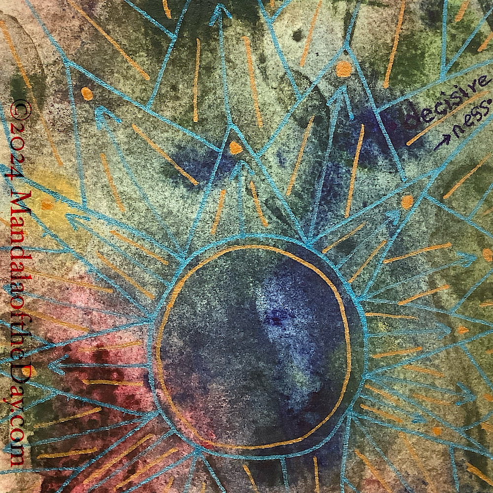 abstract background of warm colors of cranberry, olive green, mustard yellow, indigo blue, beige, and sage green. on top in blue metallic ink is a large circle towards the bottom over a blue area. around the outside of the circle are multiple rows of pointed petals. inside each petal is an arrow point to the top of the petal. Copper metallic ink forms an inner circle to the blue one. within each petal are two copper lines on either side of the arrow and a large copper dot above the arrow tip.