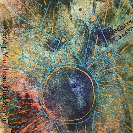 abstract background of warm colors of cranberry, olive green, mustard yellow, indigo blue, beige, and sage green. on top in blue metallic ink is a large circle towards the bottom over a blue area. around the outside of the circle are multiple rows of pointed petals. inside each petal is an arrow point to the top of the petal. Copper metallic ink forms an inner circle to the blue one. within each petal are two copper lines on either side of the arrow and a large copper dot above the arrow tip.