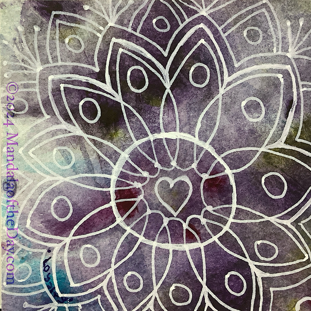 abstract background of cream, beige, olive green, dark purple, maroon, pink, and teal. on top in white ink is a circle with a heart in it. around the circle and partially in the circle are overlapping petals. each petal as a circle near its tip. around the edge is an outline to the outer shape of the flower-like mandala, with petals in between.