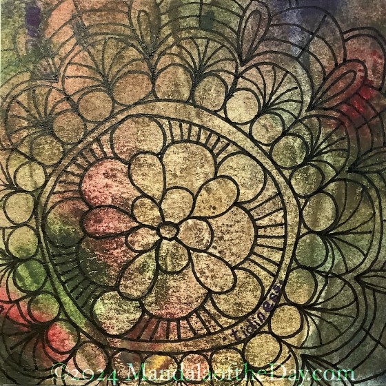 abstract background of muted colors of olive green, maroon, light salmon, beige. on top in black ink is a mandala that starts as a simple 5-petal flower. 3 more rows of 5 petals, each row a slightly different shape. a double ring circle surrounds them. around the outside of the circle are 26 small circles, 13 fan shapes connect pais of these circles, another row of a new pattern continues and goes off the pag.