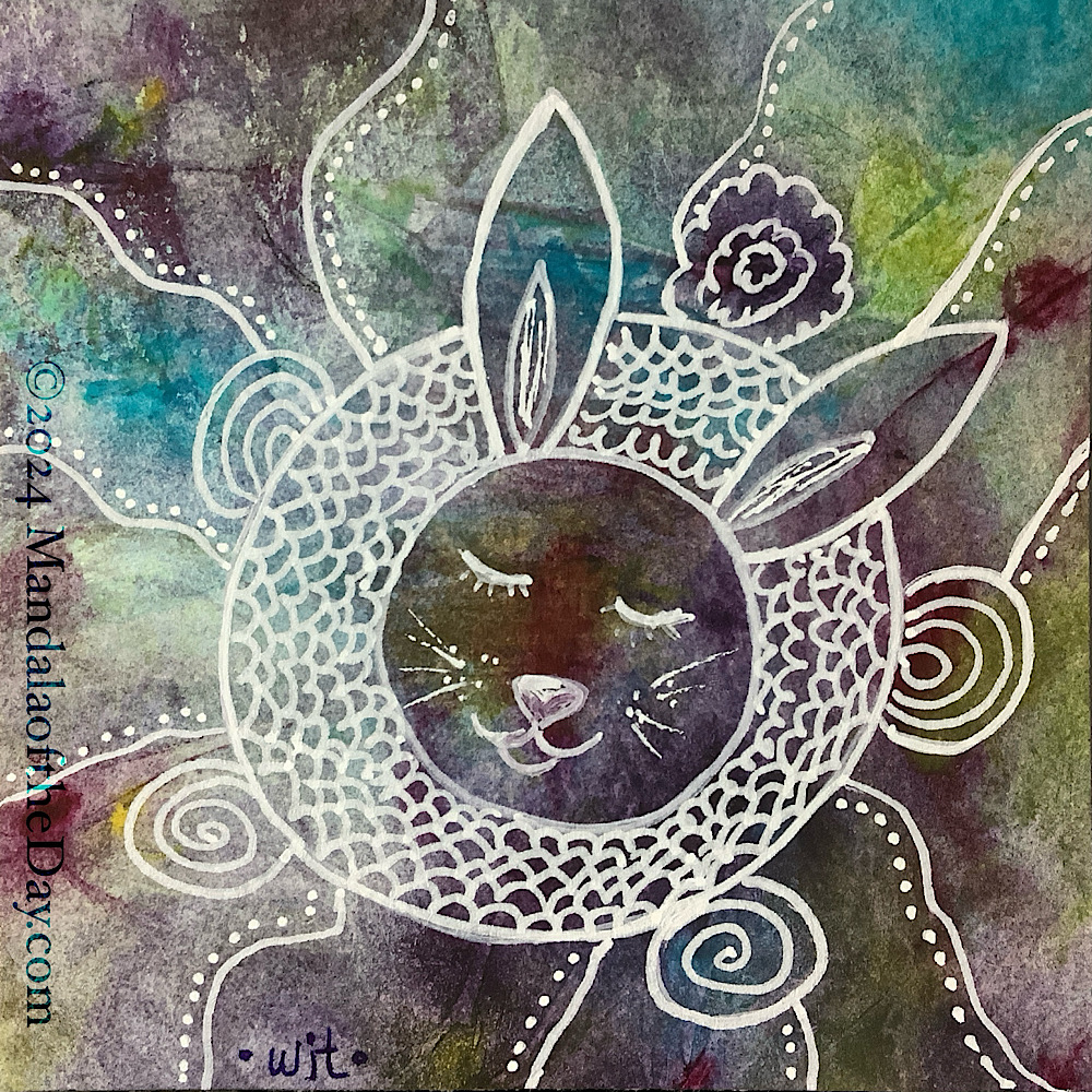 abstract background with colors of cream, chartreuse, purple, maroon, yellow, green, and teal. on top in white ink is a whimsical, shy rabbit made up of circles (aka mandalas): the head, four paws, and tail.