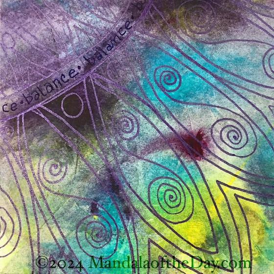 abstract background with colors of cream, beige, dark purple, yellow, green, and teal. on top in purple metallic ink is drawn a small portion of an extra mandala whose center is way off to the upper left of the paper. only one petal of the mandala is fully in view, 5 others are implied. within each petal is drawn a double spiral.