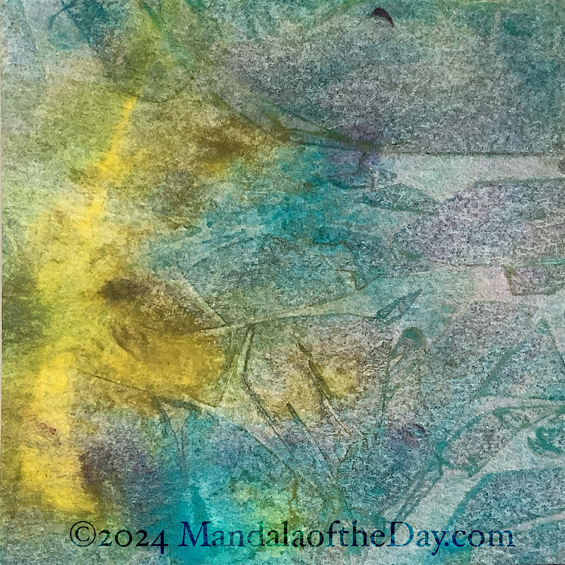 abstract background of yellows, warm greens, teals, and light overlays of purple.