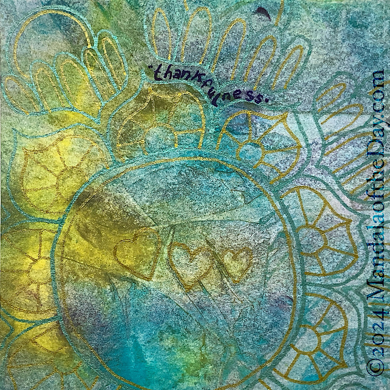 abstract background of yellows, warm greens, teals, and light overlays of purple. on top in metallic blue-green ink is a large circle with a row of large lotus petals. in between and above each petal is drawn the impression of five fingers holding an orb. Gold metallic ink is used to replicate the blue-green shapes inside the blue-green shapes. in the very center of the large circle are drawn the outline of three small hearts.
