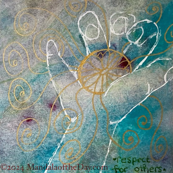 abstract background with colors of off-white and teal along with spots of maroon and pale green. on top in white ink is an outline of a right had that is in the process of opening up. in the palm of the “hand” is an outline of a gold coin or medal with a flower mandala on it. from the “medal” are wavy lines with spirals at the end of each.