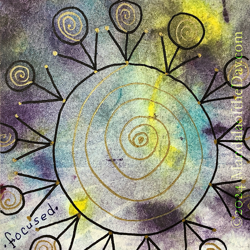 abstract background using colors of dark purple, yellow, teal, and off-white. on top in black ink is a large circle. around the outside circle are 13 repeated, simple image of a flower: a stem, two lines going up at 45º angles from the stem bottom (forming an arrow). the bloom of each flower is a circle. in gold metallic ink is a large spiral within the large circle and small spirals within each of the blooms.