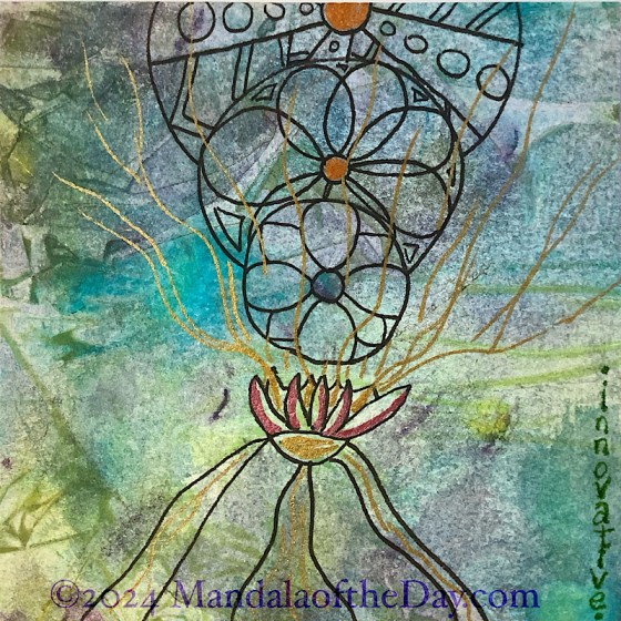 abstract textured background with colors of muted purple, lime green, teal, and some off-white. on top in black ink is a flower-like opening on a mountain top. three mandalas float above, one behind and above the other, with the second and third ones larger than the previous one. gold metallic ink highlights the mountain top and what looks like liquid gold flowing down the mountain side. gold lines radiate out and up from the top like energy.