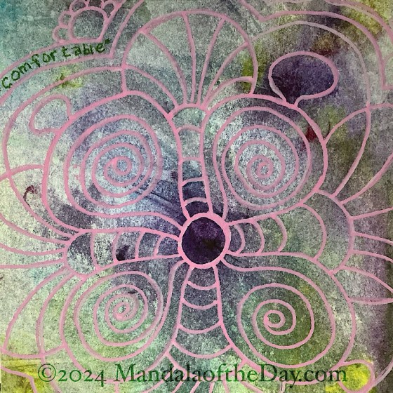 abstract background of off-white, varying shades of green, purple, and a slight bit of blue. on top in pink ink is a four petal mandala. each large petal has a full spiral inside. the petals are connected via a fan shaped design. Between the “fans” is a small petal.