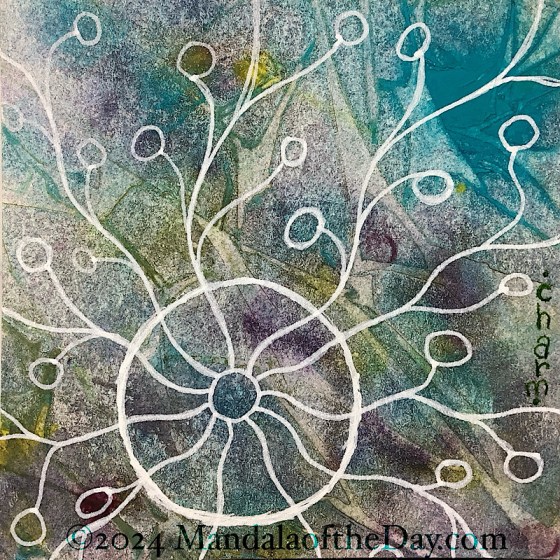 textured abstract background of teal, yellow, green, off-white some blue, and some purple. on top in white ink is a small circle towards the lower left side. A larger circle surrounds the smaller one. from the small circle, 11 wavy lines extend out in all directions. on each line are smaller lines, like branches, at the send of the small lines are small circles.