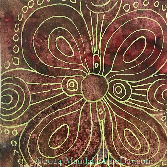 abstract moody background with colors of deep red, browns, and olive greens. on top in bright light green is a four petal mandala that looks almost like an abstract butterfly.