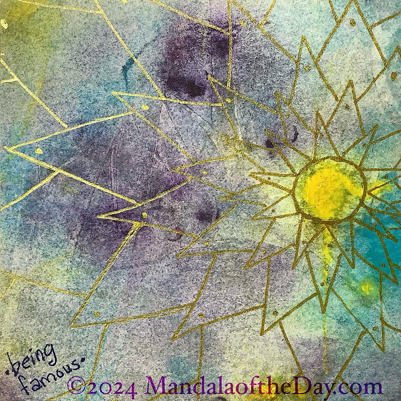 abstract background of off-white, yellow, green, purple, and teal. on top in gold metallic ink is a small circle around a yellow blob in the background on the right side. around the circle, in multiple rows, are triangular petals, giving the small circle the look of a bright glowing star. with each row, the petals become larger.