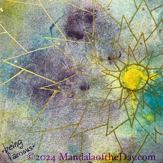 abstract background of off-white, yellow, green, purple, and teal. on top in gold metallic ink is a small circle around a yellow blob in the background on the right side. around the circle, in multiple rows, are triangular petals, giving the small circle the look of a bright glowing star. with each row, the petals become larger.