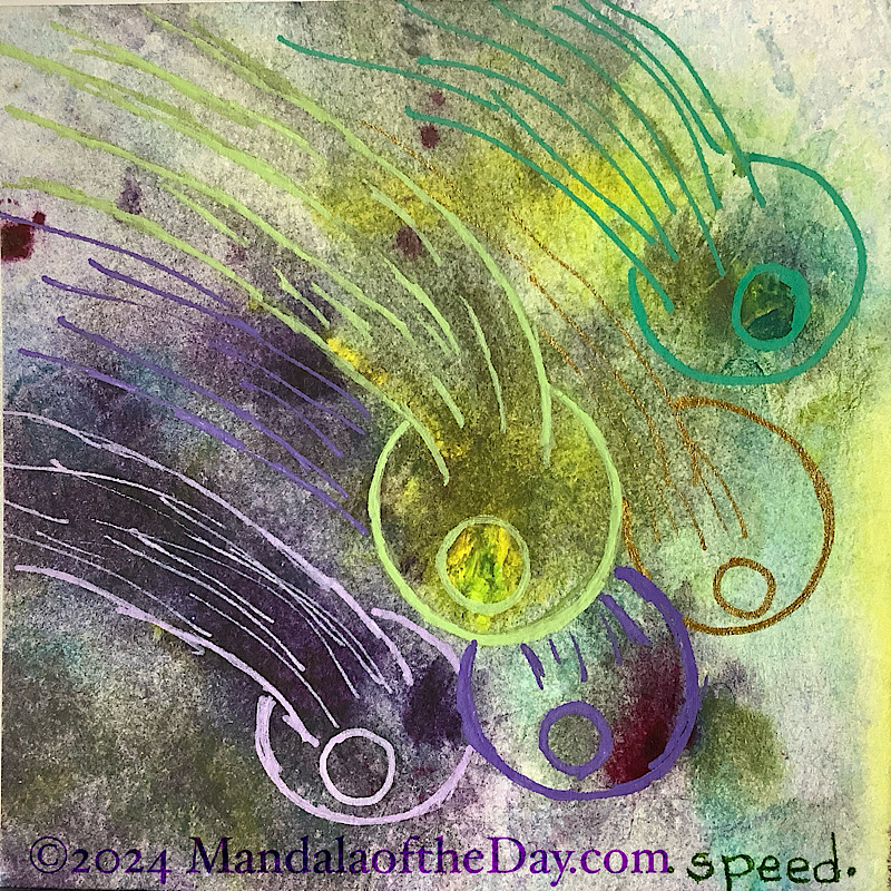 abstract background with colors of yellow, green, teal, purple and off-white. on top in five different ink colors of ink are five (green, light green, gold, purple, and lilac) are five small circles, each surrounded by a larger circle. out of the top and to the left, curved lines are drawn to show speed and that the orbs came from the top left and are headed down and to the right.