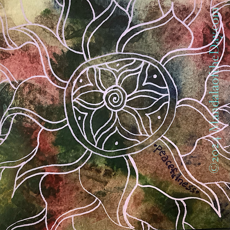 abstract background of dark green, dark red, salmon, and beige. on top in lilac ink is a loosely drawn flower-like mandala with 6 petals…surrounded by a 2-lined circle. around the circle are drawn multiple rows of larger, wavy petals. the whole thing has the look of floating on or in water.