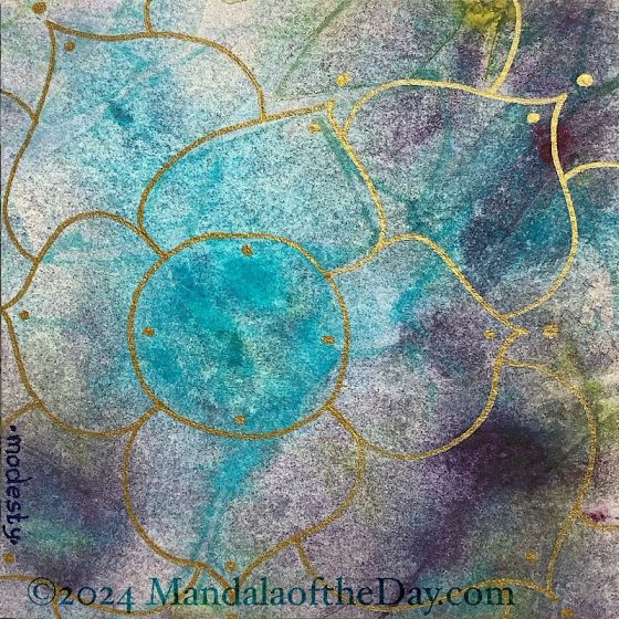 motd 24-203 abstract background of mostly colors of turquoise, dark purple, some yellow-green, and off-white. on top in gold metallic ink is a large, simple 4-petal mandala, with continuous rows of lotus petals. each petal has a dot just inside the tip and just outside the tip. four dots are just inside the center circle, placed as the center of each petal.
