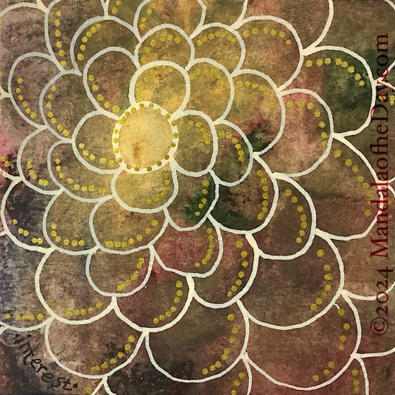 MotD 24-207 7/25/24 abstract background of wam, muted colors of green, olive green, maroon, beige…with one spot of bright, warm yellow. on top in cream color ink is a small circle drawn around the yellow spot in the background, which is up and over from center. around the circle is a spiral of round petals. a line of gold metallic dots go up along the left side of each petal.